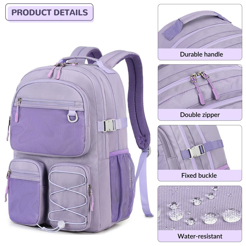 Lohol Water Resistant Backpack with Mulitiple Pockets for Travel Outdoor College, 15.6 inch Laptop Bookbag for Girl and Women (Purple)