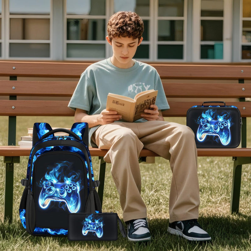 ZHIMEBYE School Backpacks for Boys - 4pcs Gamer Boys Backpacks with Lunch Box Set for Kids Teens Elementary Middle School, 17″ Large Capacity Students Bookbag, Perfect for Travel