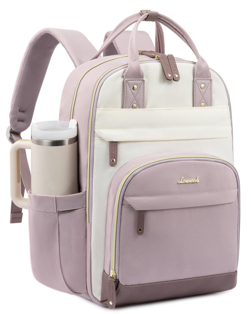 LOVEVOOK Laptop Backpack Women with Giant Tumbler Holder Pocket,15.6 inch School College Book Bag Nurse Teacher Backpack,Work Travel Backpack Laptop Computer Bag,Light purple-Off-white-Pinkish purple
