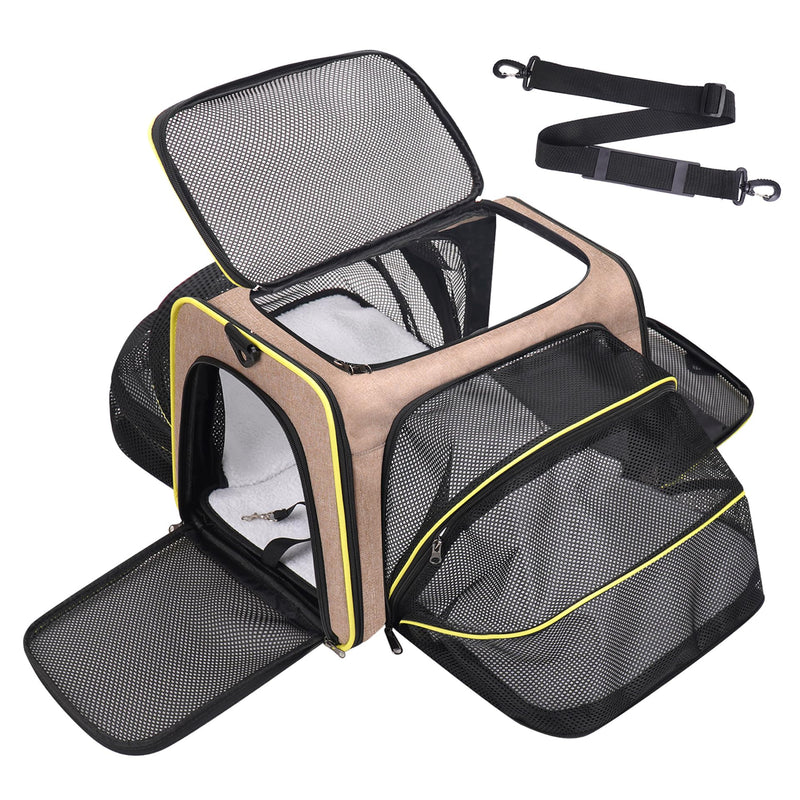 Premium Pet Carrier – Dog & Cat Travel Bag, Airline Approved, Soft-Sided Design for Small to Large Pets, TSA Compliant, Expandable & Collapsible (Brown)