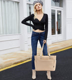 Tote Bag for Women with Zipper, Gym Tote with Compartments, Laptop Work Tote Large Casual Handbag Quilted Shoulder Bag for Sport, Travel Dating College Khaki