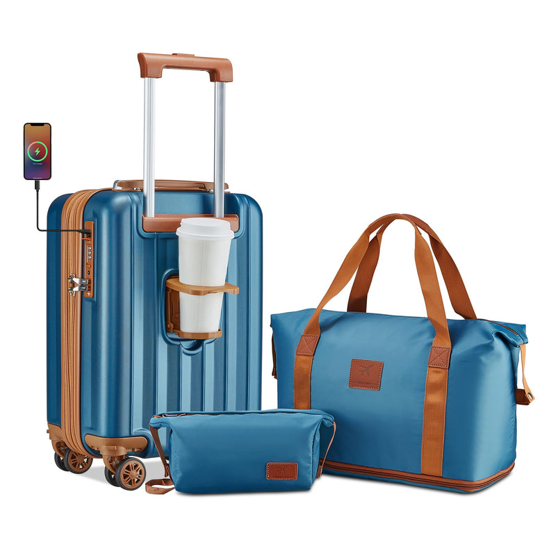 imiomo Carry on Luggage 18 Inch Suitcases with Wheels, Expandable with USB Port and Cup Holder, Hardside Travel Set with TSA Lock Blue