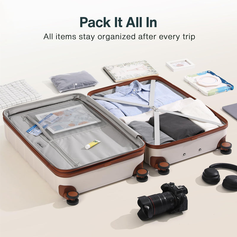 Vipbox Luggage Sets 3 Piece (3-YEARS VIP SERVICE) Hardside Expandable Ultra Durable 100% PC Lightweight Carry On Travel Suitcase Set with TSA Lock Spinner Wheels, White Brown