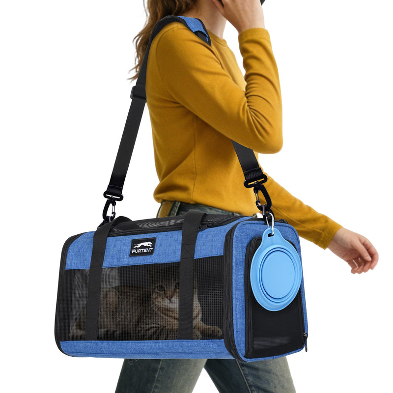 TSA Approved Pet Carrier for Kitten and Puppy, Cat Carrier Soft Fits Pets up to 13 lbs, Dogs Travel Bag with Bowl Foldable, Ideal for Travel, Car Rides, and Vet Visits (Blue, Cat Bowl Set)