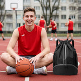 dulvus Sports Drawstring Gym Bag, Waterproof Drawstring Backpack with Side Mesh Pockets, Sport Bag with Shoes Compartment for Women Men - Black