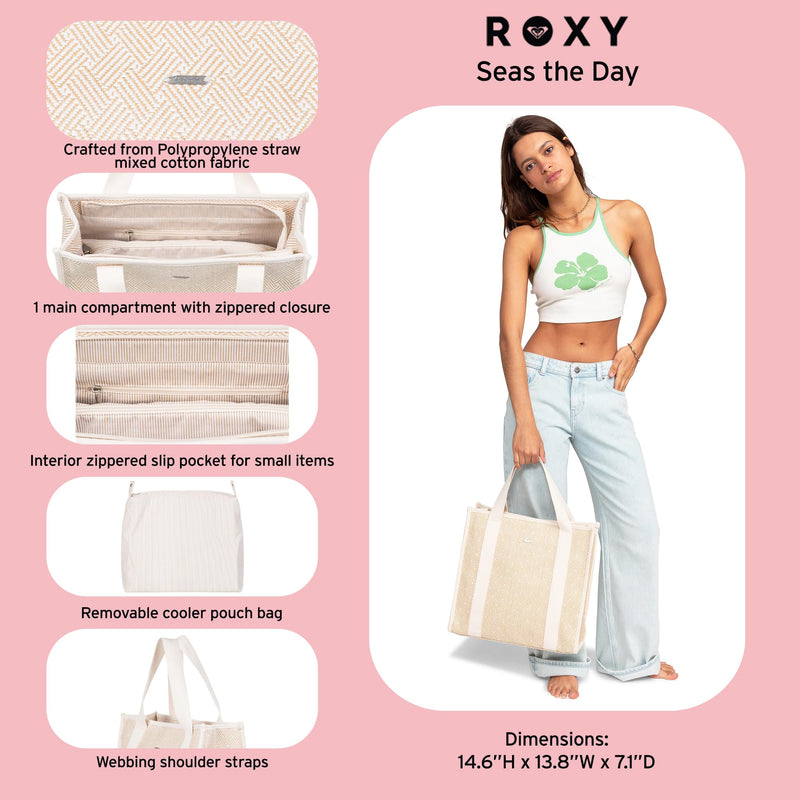 Roxy Cotton Tote Bag | Everyday Carry | Beach | Travel | Vacation | Reusable | Lightweight, Seas The Day - Natural