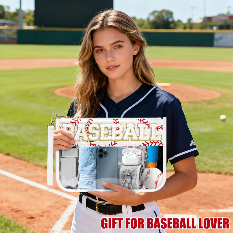 BuyCard Baseball Gifts Makeup Bag with Chenille Letter Patch, Clear Cosmetic Pouch PVC Organizer Purse, Waterproof Travel Bag, Portable Toiletry Storage Bag for Her Friends