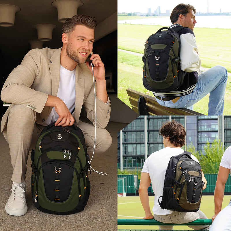 Swissdigital Design Laptop Backpack with USB Charging Port, Travel Backpack Fits 15.6 inches Computer, 31L College School Backpack for Men, Olive/Black | SD803-26