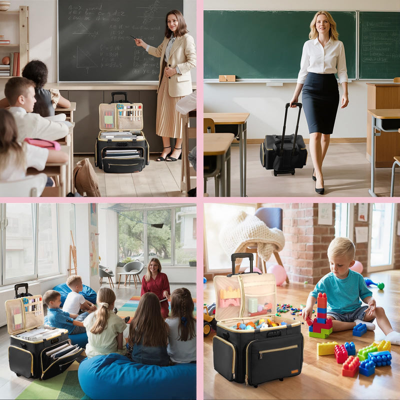 Housolution Rolling Teacher Bag with Wheels, Fits for 17" Laptop, Teacher Tote Bag with Detachable Trolley, Laptop Work Case with Anti Theft Lock, Briefcase Cart with Accordion File Organizer, Black