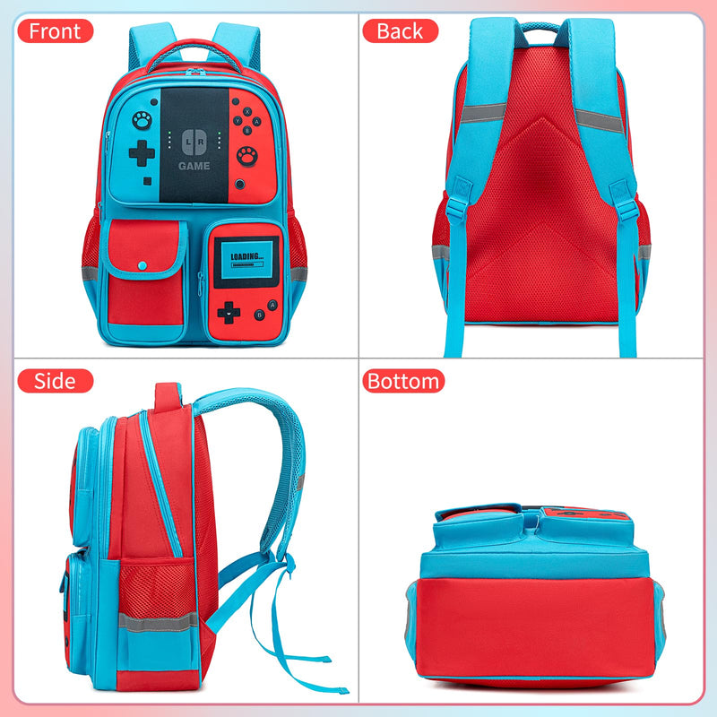 dwgweg Backpack for Boys Bookbag Video Game Bookbag stylish kids travel backpack for boys 6-18, Kids Junior High School Primary School Back pack (Red-blue)