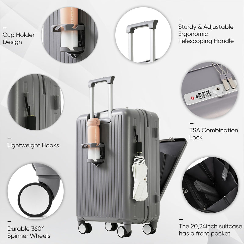 Merax 4-Piece Luggage Set with USB Charging Ports Suitcase with TSA Lock Travel Duffel Bag Wet-Dry Toiletry Bag, grey blue+Bag