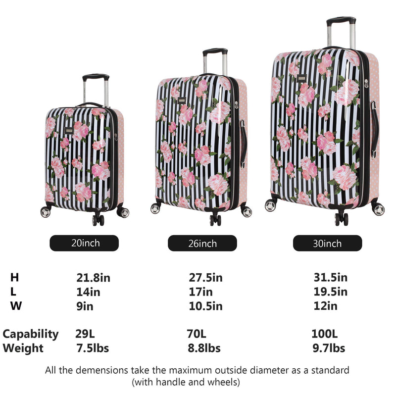Betsey Johnson Designer Luggage Collection - Expandable 3 Piece Hardside Lightweight Spinner Suitcase Set (Stripe Roses)