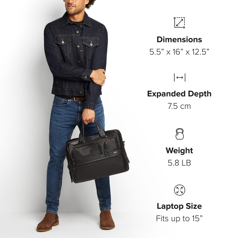 TUMI - Alpha Medium 15" Expansion Laptop Briefcase - Professional Briefcase for Commute or Travel - Padded Compartment Fits up to 15" Screen - Black Leather