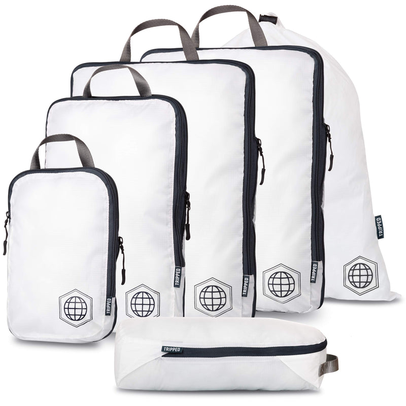 Large Compression Packing Cubes 6 Piece Set for Travel with Lightweight Laundry Bag for Carry-On Suitcase by TRIPPED Travel Gear (White)