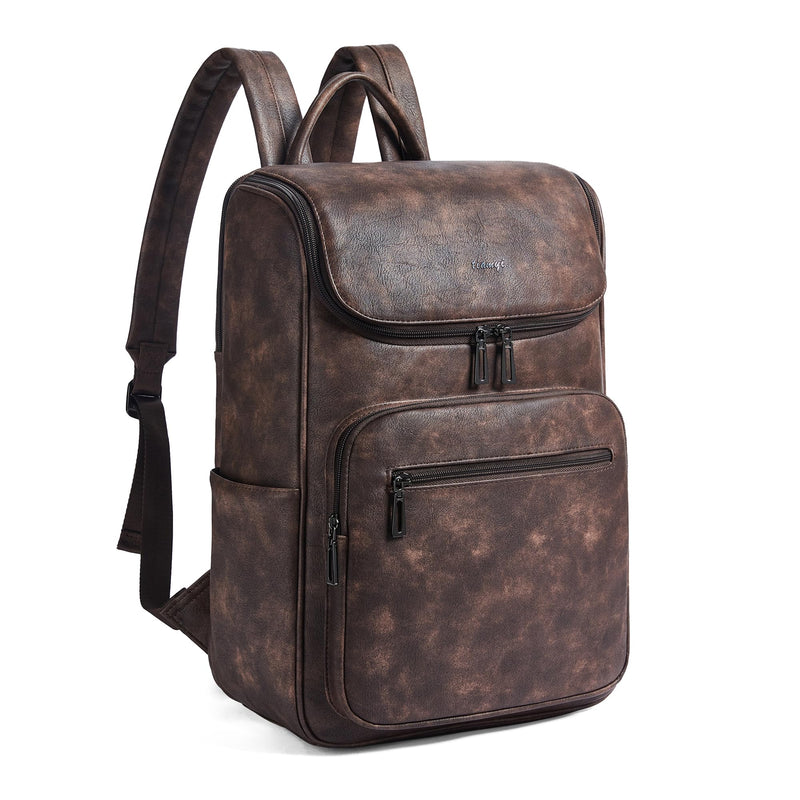 tiamyi leather travel backpack for men and women, flap top laptop backpack fits 17.3 inch computer with luggage strap and separate padded compartment, coffee