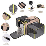 Expandable Cat & Dog Carrier, Large Expandable Collapsible Travel Bag with Safety Zippers, 3 Open Doors, Removable Fleece Pad for Puppies & Small Animals, Airline Approved (Brown)