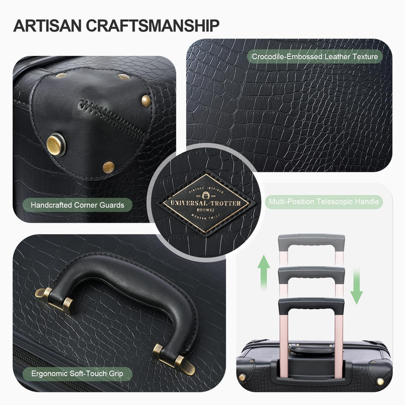 universal trotter 3-Piece High-Capacity Lightweight Vintage PU Leather Hardshell Luggage Set (20/24/28 Carry-on & Checked), Water-Resistant PU Trunk Style, 360° Spinner Wheels (Jet Black)