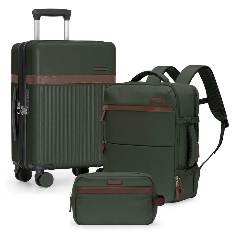 U.S. Traveler Vista Way 3-Piece Travel Set, 21-Inch Carry-on Hardside with TSA Lock, 18-Inch Travel Backpack with Laptop Sleeve, Toiletry Bag, Green