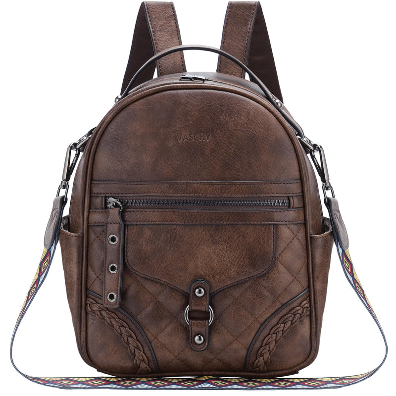 VASCHY Small Backpack Purse for Women, Cute Vegen Leather Mini Backpack for Lady with Guitar Shoulder Bag Handbag Strap Coffee