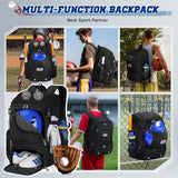 RAINSMORE Baseball Backpack, Lightweight Softball Bag with Shoe Compartment Baseball Bag for Youth & Adult Softball Bat Bag with Fence Hook Helmet Holder Sports Backpack for T-Ball Equipment,Black