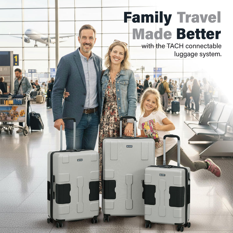 TACH Patented Connecting Hard Shell 3 Piece Luggage Set - 20, 24 & 28 inch Luggage | Carry-On, Medium & Large Rolling Suitcases - Silver