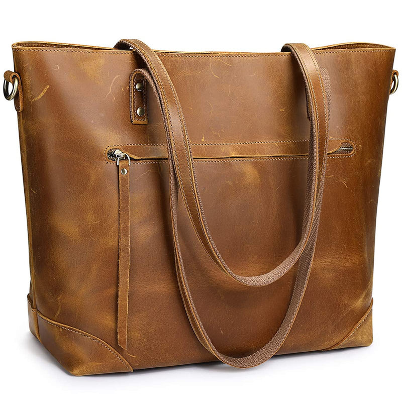 S-ZONE Vintage Genuine Leather Shoulder Bag Work Totes for Women Purse Handbag with Back Zipper Pocket Large