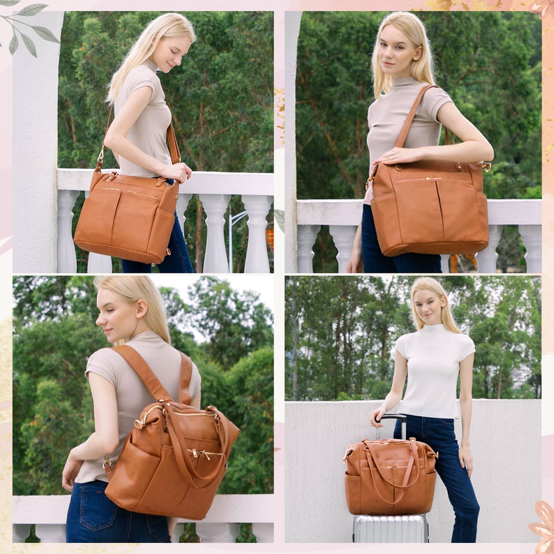 MOMINSIDE Diaper Bag Tote, 4 in 1 Leather Diaper Bag Backpack with 13 Pockets, Convertible Baby Bag for Boys Girls,Diaper Bags Baby Registry, Changing Pad, 4 Large Insulated Pockets(Brown)