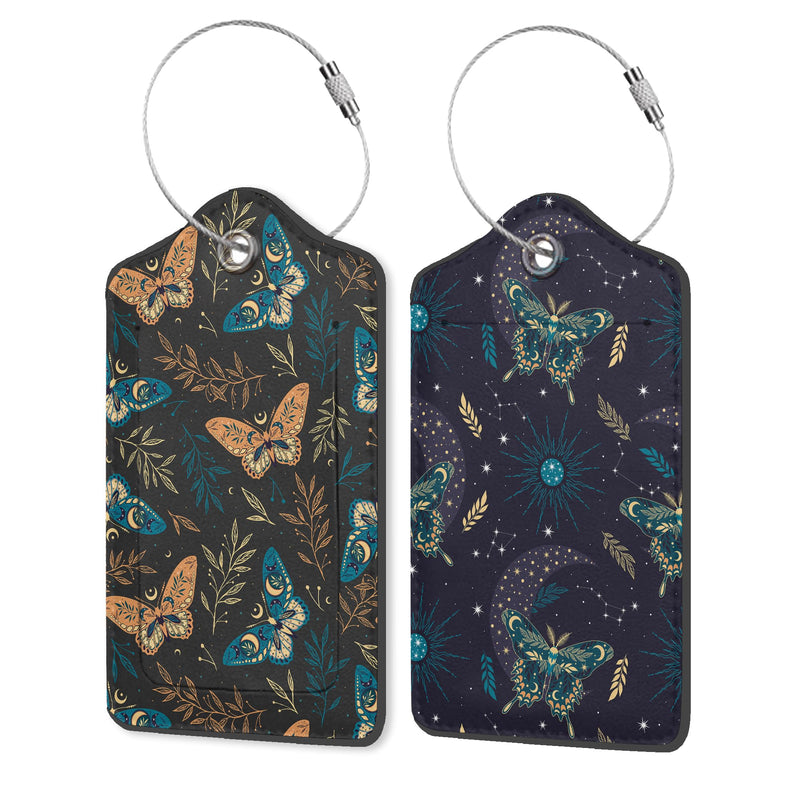 Boho Magic Space Elements Stars 2 Pack PU Leather Luggage Tags with Stainless Steel Loop, Funny Butterflies Travel Labels with Privacy Cover ID Label for Quick Spotting