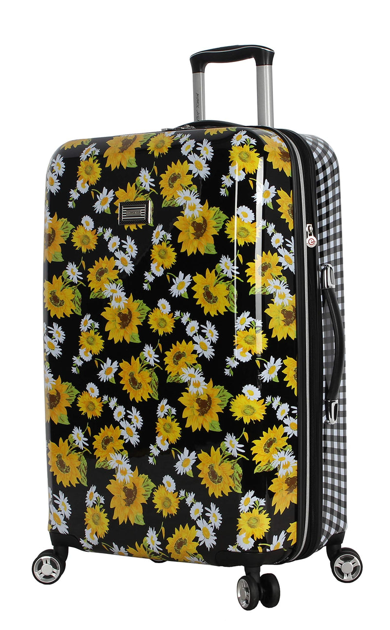 Betsey Johnson 26 Inch Checked Luggage Collection - Expandable Scratch Resistant (ABS + PC) Hardside Suitcase - Designer Lightweight Bag with 8-Rolling Spinner Wheels (Sunflower)