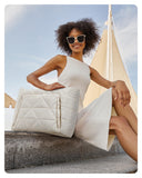 BAGSMART Tote Bag for Women, Puffy Tote Bag with Zipper, Large Quilted Shoulder Bag with Compartments for Travel, Work, Gym (Beige)