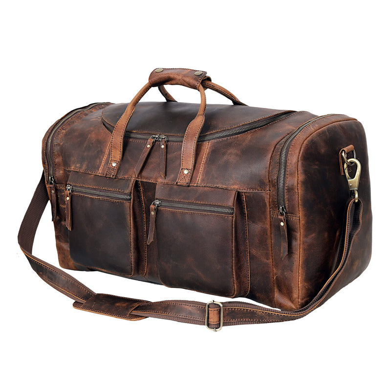 28" Vintage Duffel Classic Style with Modern Outlook Retro Thick Full Grain Cowhide Handmade Airplane Underseat Carry On Bags Leather Gym Overnight Luggage Bag (24 inch)