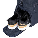 PUMA Isla Carryall, Trendy Weekender with Shoe Pocket, Removable Strap & Quilted Style, New Navy