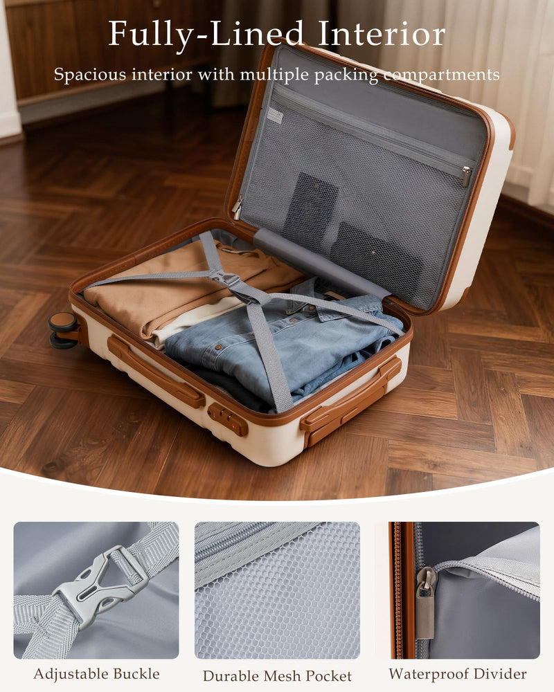 LONG VACATION Luggage Sets 5 Piece, Suitcases With Wheels, PC+ABS Hardshell Luggage Set with Spinner Wheels, TSA Lock (White Brown)