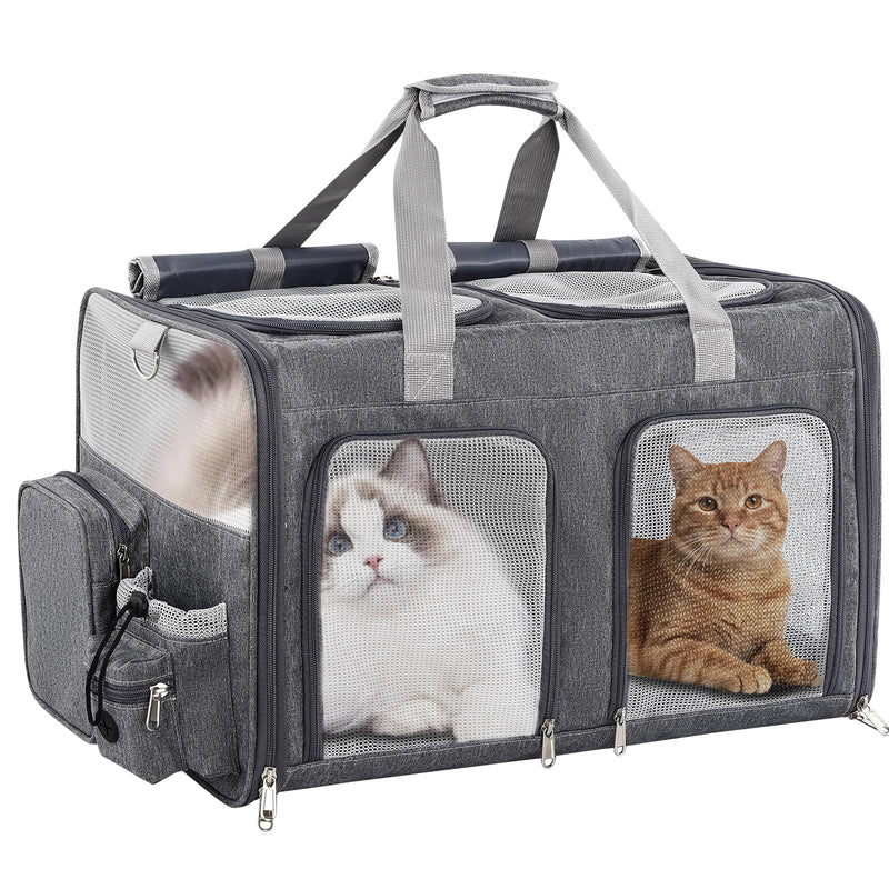 TOYSBOOM Cat Carrier for 2 Cats - Double Pet Carrier Extra Large, Dual Cabin Multi Cat Travel Carrier with Removable Divider, Collapsible, Can Hold 20 30 40 lbs for Two Small Kitten, a Medium Dog Gray
