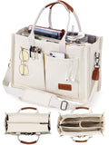 FIORETTO Canvas Tote Bag for Women with Zipper Closure & Individual Compartments for Work College, Crossbody Laptop Tote Purse Handbag with Detachable Strap & Bottom Support for Teacher & Nurse Beige