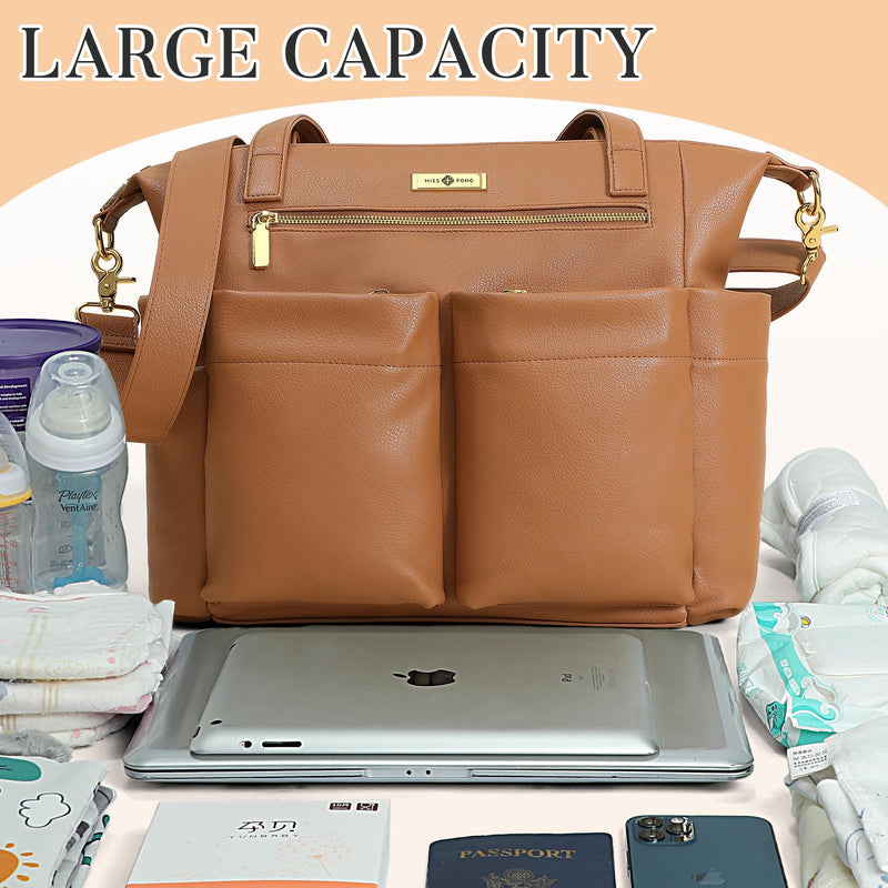 miss fong Diaper Bag Tote Leather Diaper Bag Backpack Pañaleras Para Bebe with 11 Pockets,Leather Diaper Tote with Diaper Changing Pad, Baby Bag for Moms Mommy Bag for Women