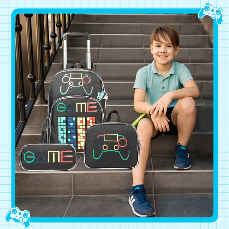 Meetbelify Backpack with Wheels for Boys Rolling Backpack Kids School Bag with Lunch Box Set for Elementary Student Travel Suitcase Laptop Luggage for Boys Age 6-8