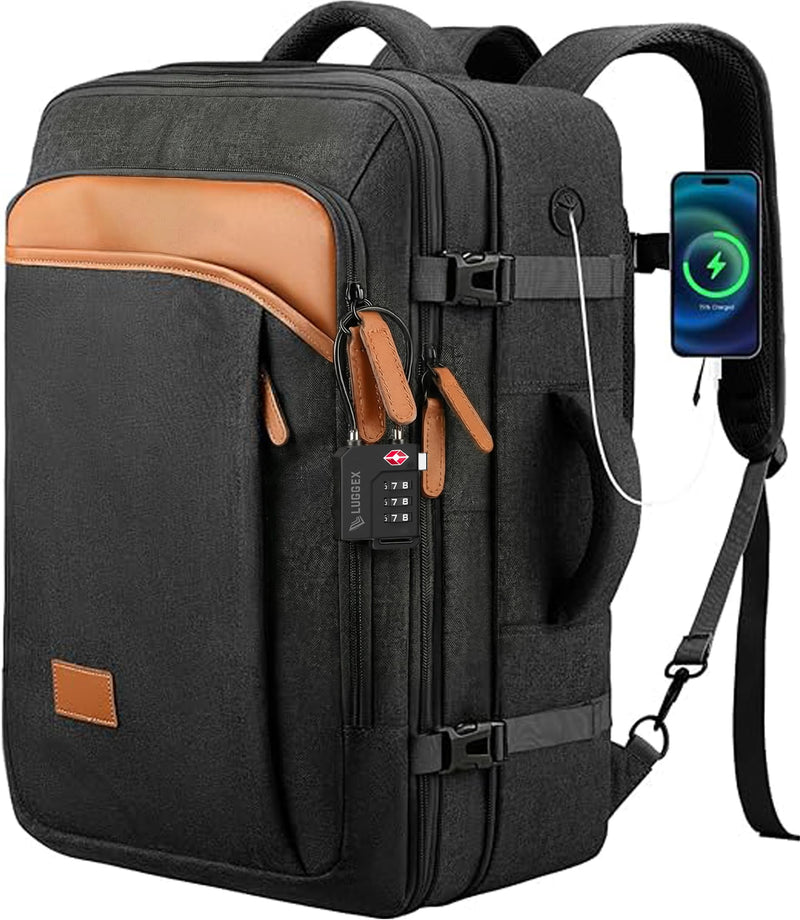 LUGGEX Travel Backpack 40L + TSA Cable Lock Bundle, Carry On Laptop Bag(Black)