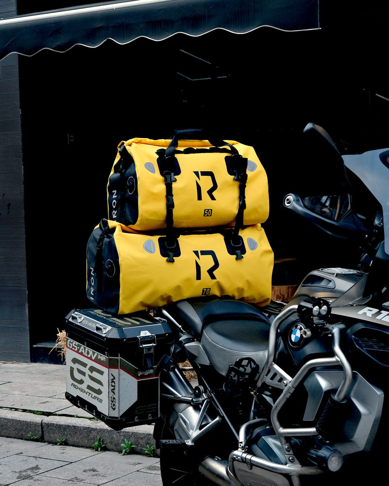 BORLENI Waterproof Motorcycle Dry Duffel Bag Luggage Tail Bag with Large Storage Space,Roll Top Closure, Shoulder Straps, Inner Pocket and Mesh Pocket for Motorcycling Travel Camping(Yellow,50L)