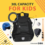 TRAILKICKER Baseball Bag for Boys Lightweight Youth Softball Backpack with Shoe Compartment and External Helmet Holder, Durable and Waterproof, Black