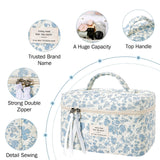 senbowe Large Quilted Makeup Bag, Cotton Floral Cosmetic Bag for Women, Cute Coquette Aesthetic Makeup Bag Toiletry Bag, Travel Make Up Organizer Bag with Zipper and Ribbon