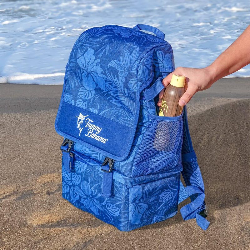 Tommy Bahama Backpack Cooler, Adjustable Straps, Zippered Compartments, Mesh Pockets, Bottle Opener (Blue)