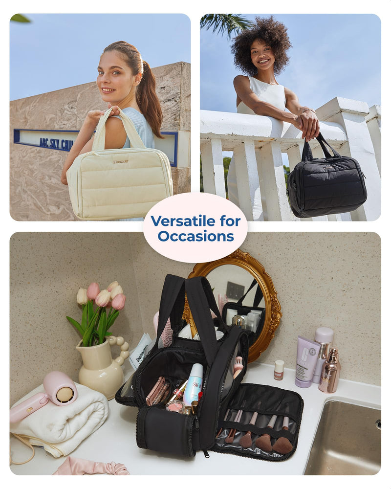 BAGSMART Travel Toiletry Bag, Lightweight Large Wide-open Travel Bag for Women, Puffy Cosmetic Makeup Bag Organizer with Handle for Accessories,Essentials, Toiletries, Black