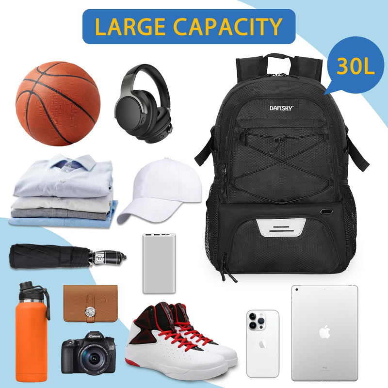 DAFISKY Basketball Backpack with Ball Compartment – Large Basketball Bag with Shoes Compartment Soccer Volleyball Bag Sports Backpack for Football, Black