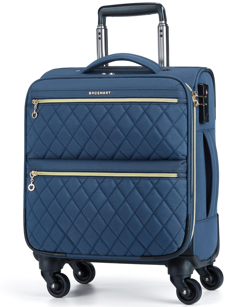 BAGSMART Underseater Carry On Luggage Airline Approved with Spinner Wheels, 16 Inch Small Luggage with TSA Lock, Overnight Small Rolling Softside Suitcases for Women, Navy Blue