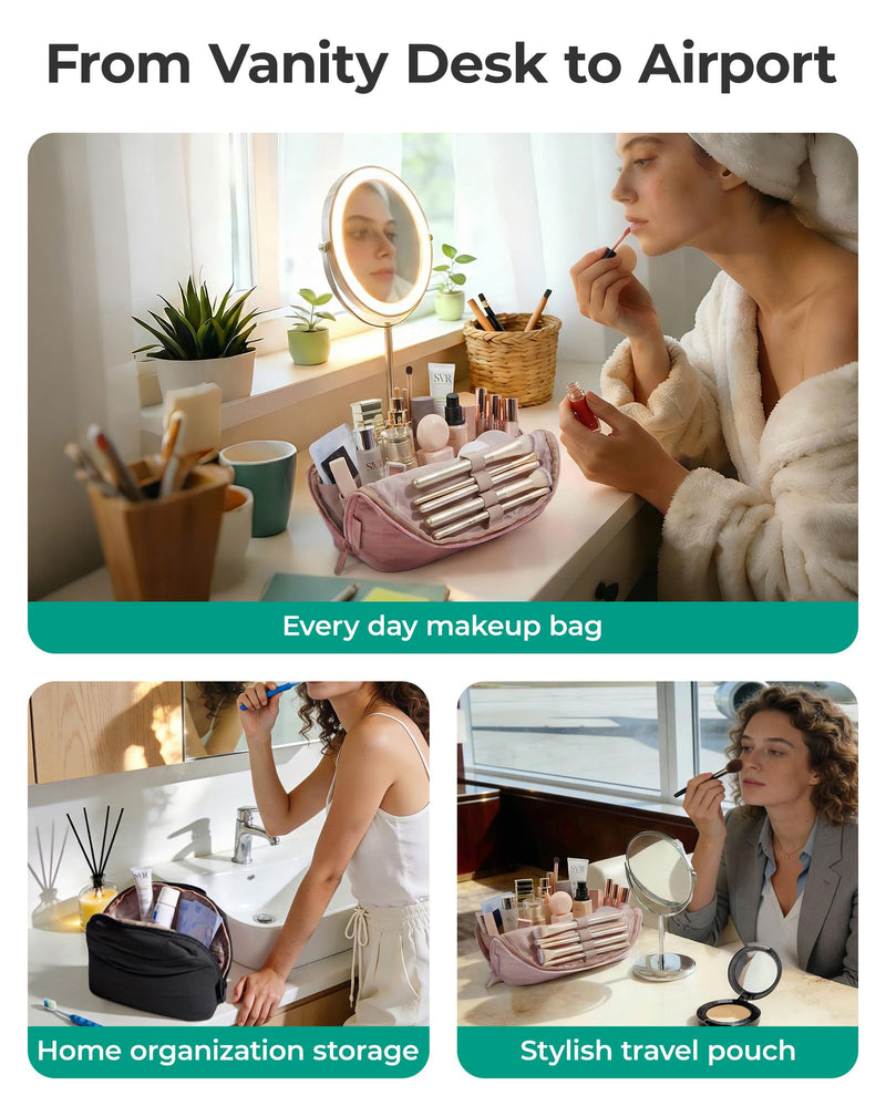 BAGSMART Travel Makeup Bag for Women, Portable Fold-down Cosmetic Case, Puffy Padded Make Up Organizer Pouch, Water-resistant Toiletry Bag for Toiletries, Brushes (Brown)