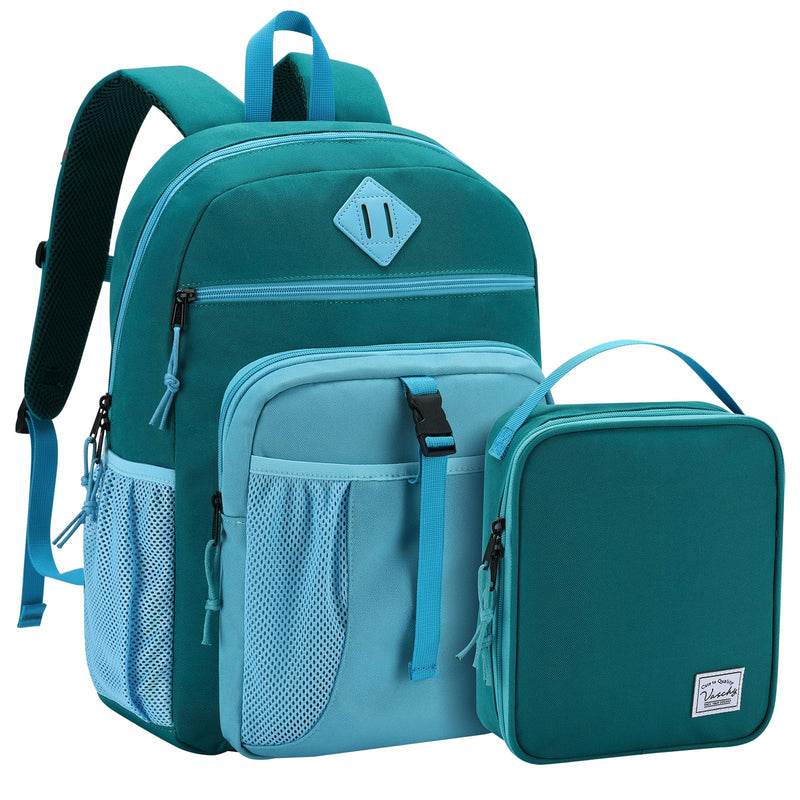 VASCHY Kids Backpack Lunch Bag Set, Girls 2-1 School Bookbag Insulated Lunch Box for Toddlers Preschool,Daycare,Kindergarten,Elementary School Green