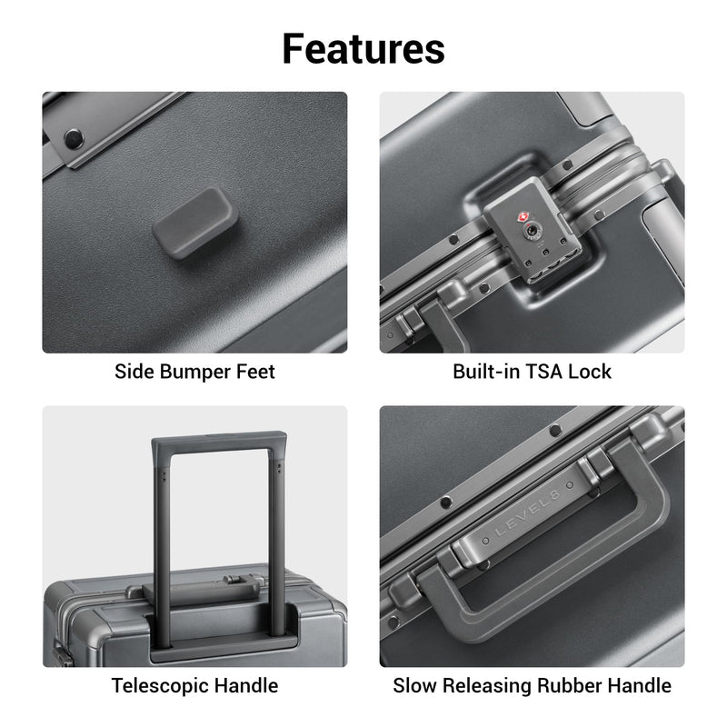 LEVEL8 20/24 Inch Zipperless 2 Piece Luggage Sets with Aluminum Frame, Lightweight Hard Shell Suitcases with Spinner Wheels, Metal Travel Luggages with Double TSA Locks, Grey