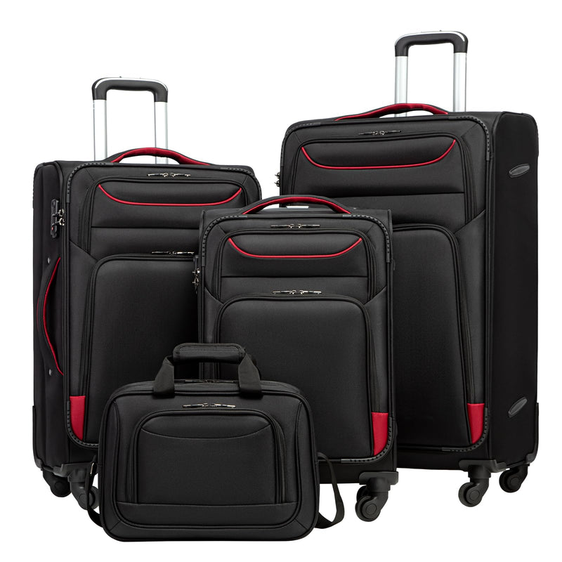Coolife Luggage 4 Piece Set Suitcase TSA Lock Spinner Softshell lightweight (black+red)