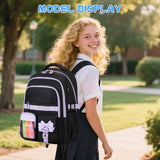 QIXIHU Girls Backpack, 17-Inch Bookbag for Middle & Elementary School, Kawaii Kids Backpack for Girls Ages 6-12(Black Purple)